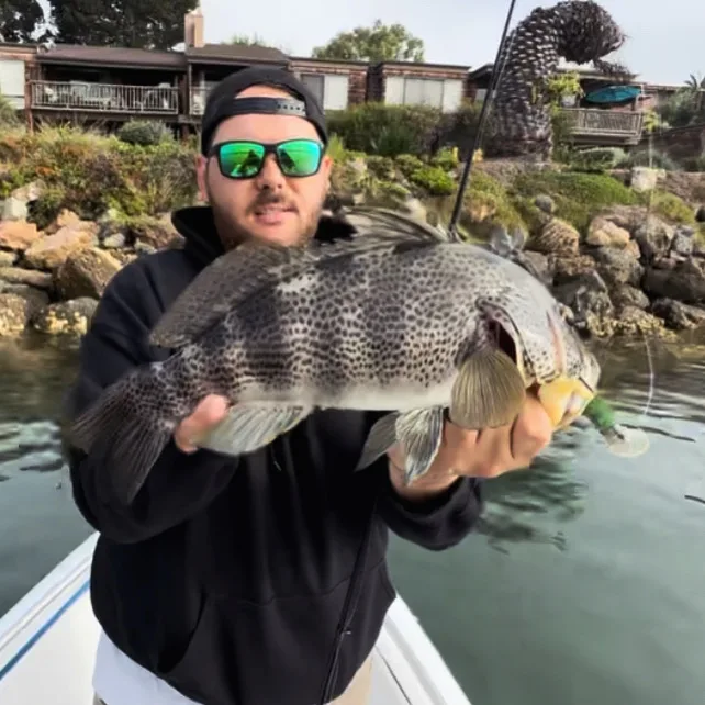 Daniel holding a Spotted Bay Bass on a 6" RX Slug in Southern California.