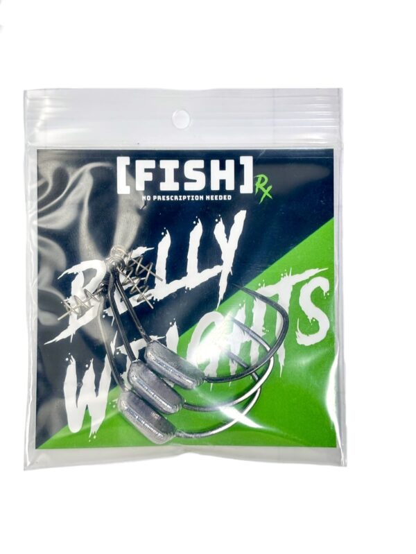 A set of three RX Belly Weights displayed in [FISH]Rx packaging.