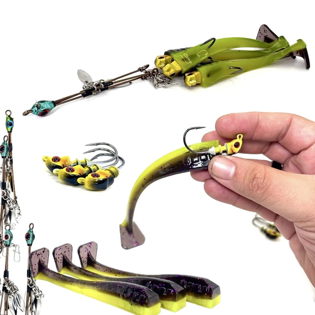 A variety of RX C-Rigs, RX Paddle Tails and RX Roll Heads in various colors. A hand is holding a Roll Head and Paddle Tail.