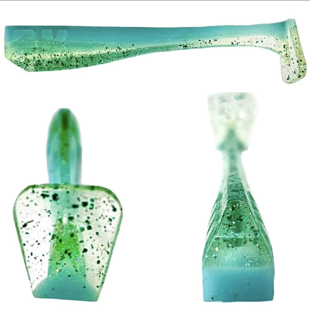 [FISH]rx RX Paddle Tail in Mint N Clear, 3.5" — handcrafted soft plastic bait for SoCal inshore bass